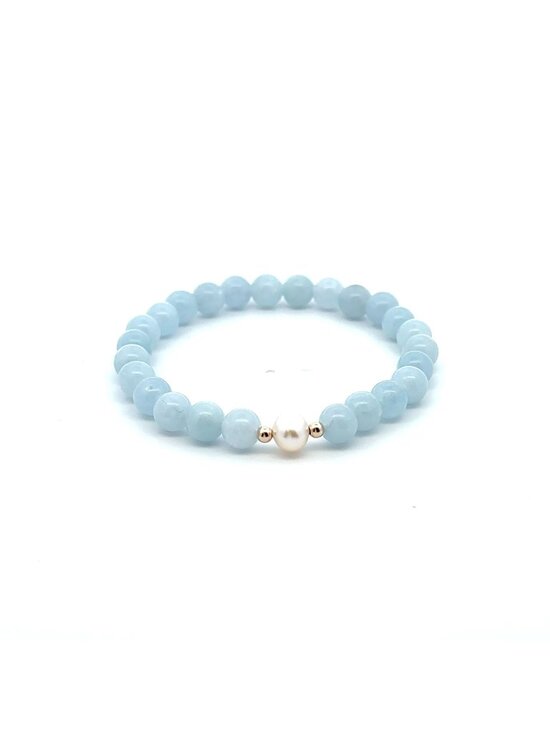 RAFANTHIA Jewelry - 14K Solid Gold Tiny Beads Freshwater Pearl Aquamarine Stretch Gemstone Birthston